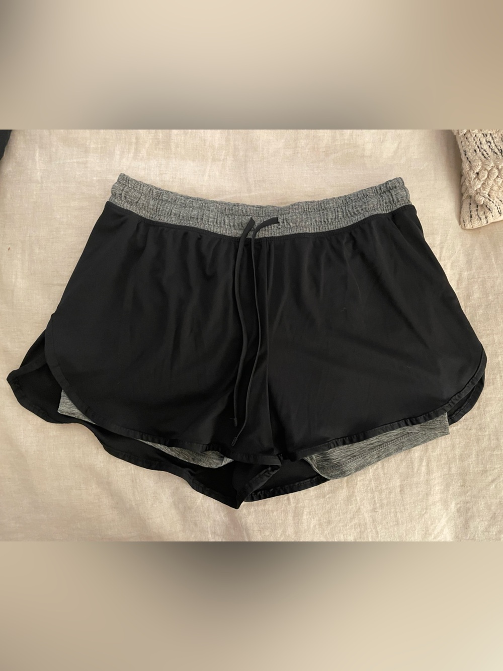 Black Double-Layer Athletic Shorts with Gray Waistband
